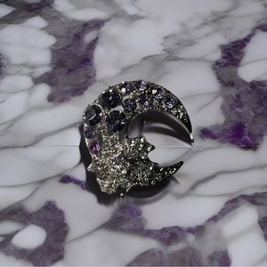 Purple and Silvertone Moon and Stars Brooch
